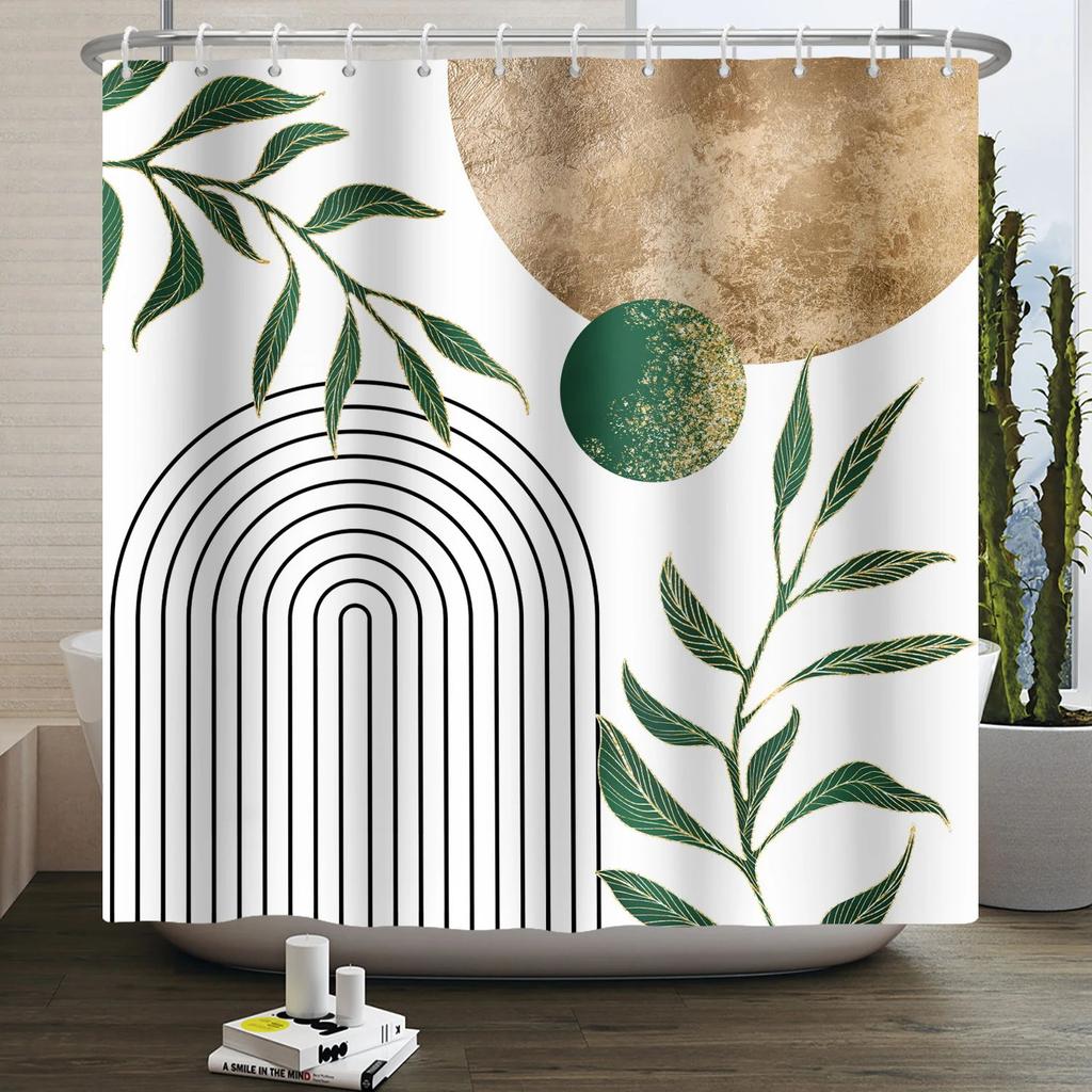 Mid Century Abstract Boho Shower Curtain Green Leaf Plant Modern Arch Sun Minimalist Nordic Waterproof Bathroom Bath Curtain