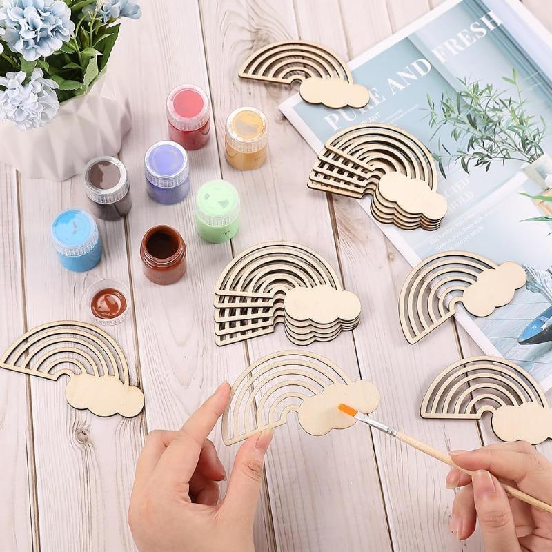 10PCS Rainbow Wood Cutout Unfinished Wooden Unfinished DIY Crafts Hanging Ornaments Cloud Discs Slices for Home DIY