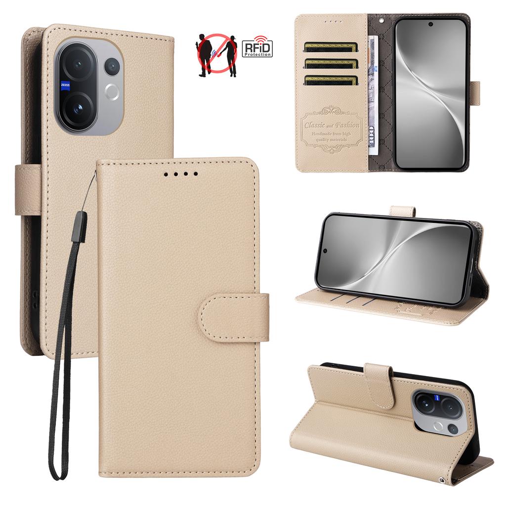 For Vivo V60 5G Case RFID Blocking 3 Card Slots PU Leather Phone Cover with Wrist Strap