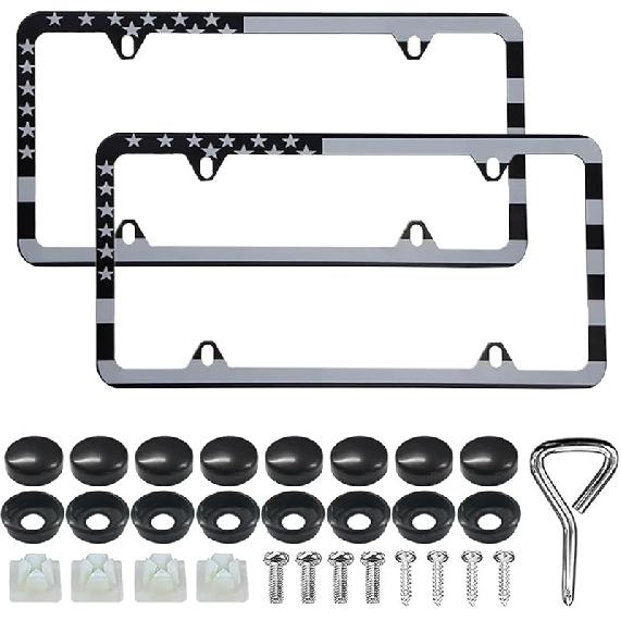 2PCS Matte Black License Plate Frames, Stainless Steel Tag Frame, Car License Plate Protector Holder with Screws Fasteners Caps, Universal Front &
