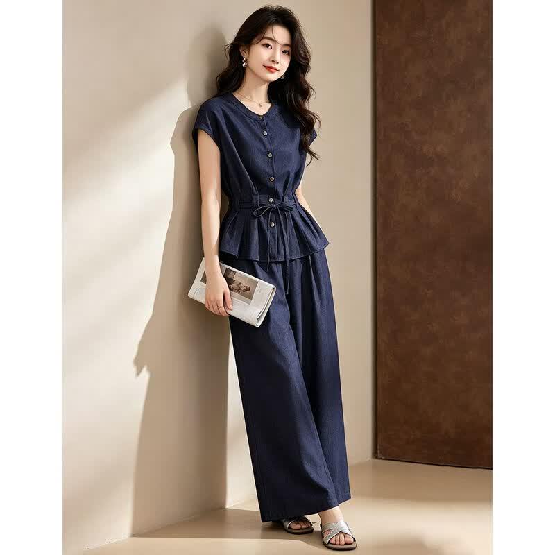 D.F.DEAR Women's Round Neck Two-Piece Set with Wide Leg Pants