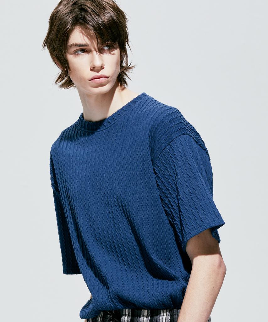SSY Jacquard Knit Short Sleeve T-Shirt Blue