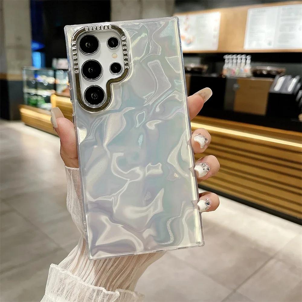 Aurora Glitter Shell Gradient Feather Case for Samsung Galaxy S25 S24 Ultra S23 S22 Plus Laser Colorful Acrylic Plating Cover