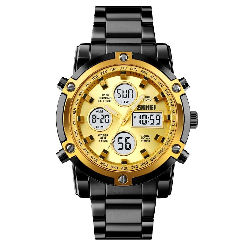 Dual Display Electronic Watch, Multi-function Steel Strap, Large Dial, Three-time Men's Waterproof Watch
