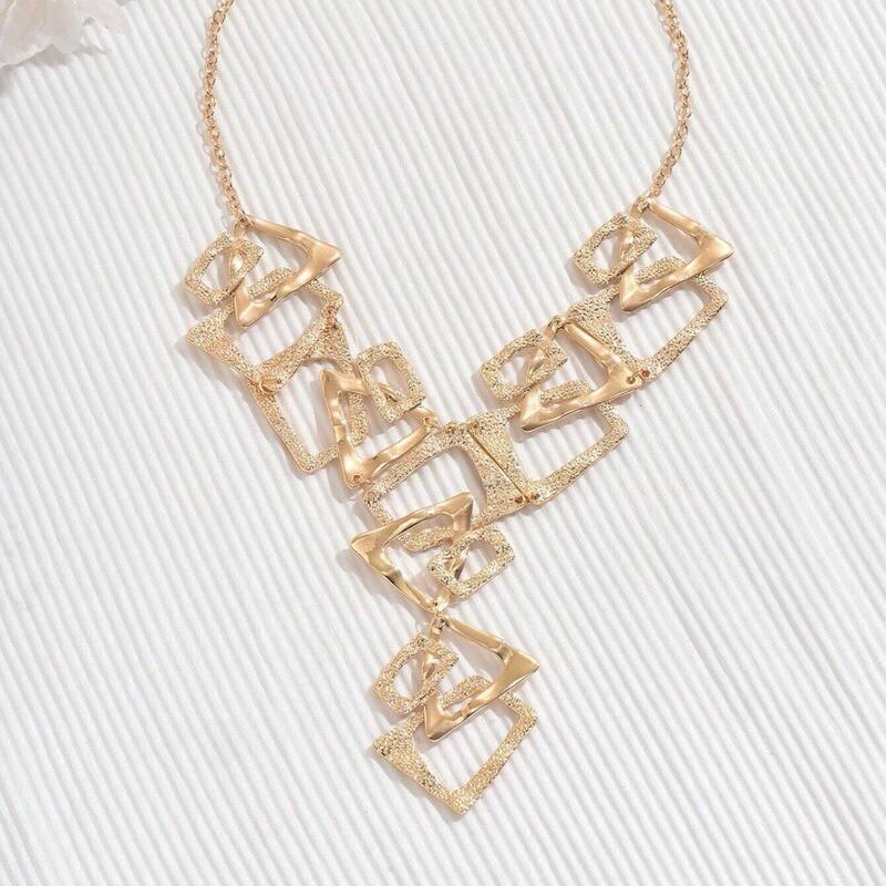 Geometric Pendant Necklace Women Gold Tone Alloy Triangle Rectangle Cutout Statement Chain Jewelry