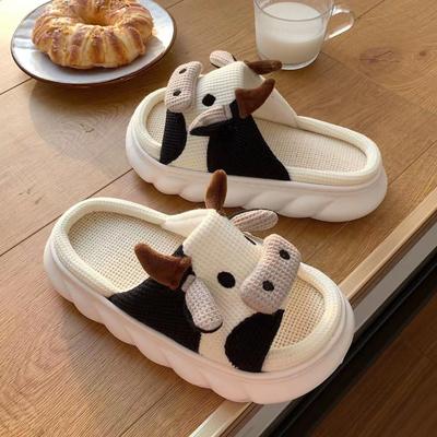Spring and Autumn Cow Home Linen Slippers Unisex Indoor Platform Couple Linen Slippers