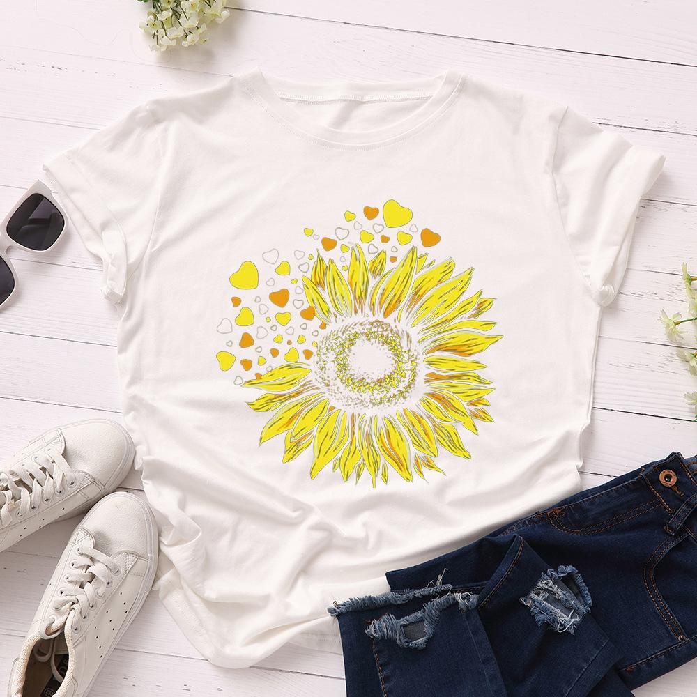 Cotton T-Shirt Short Sleeve Round Neck Women 2d Print Tops