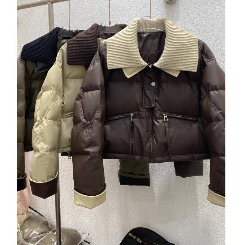 Autumn and Winter European Knitted Lapel Short Down Jacket Women's Short Loose Protein Leather Splicing White Duck Down Jacket