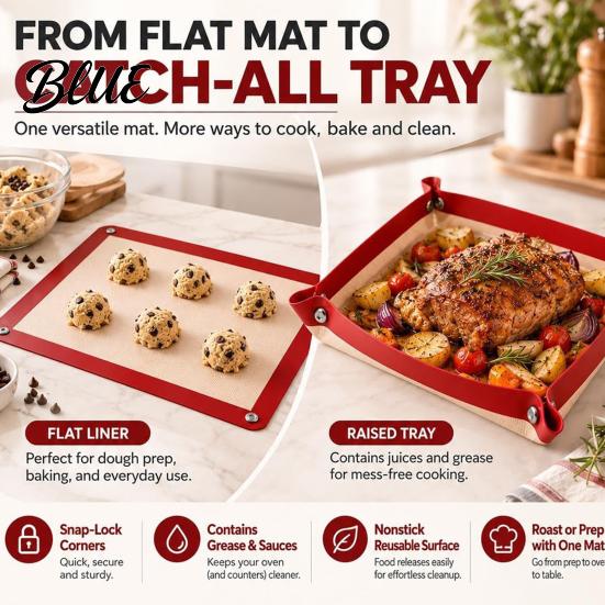 Convertible Grill Pan Mat Silicone Baking with Corner Clips Reusable Pastry Rolling Dishwasher Safe Roasting Mat Kitchen Countertop Protector