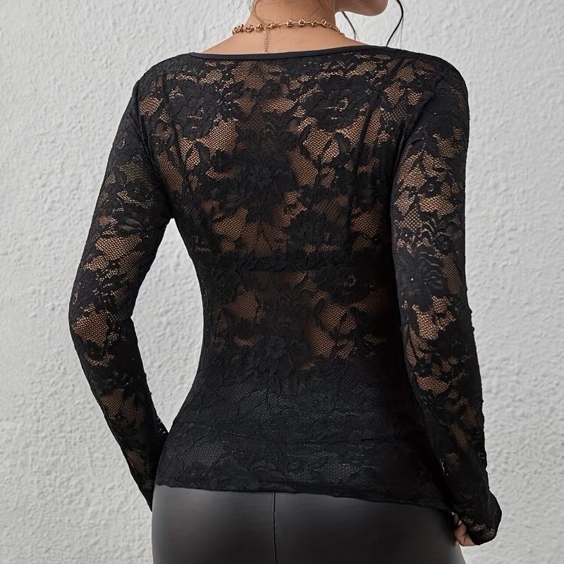 Jarní nové sexy krajkové košile s dlouhým rukávem pro ženy, módní jednobarevné průsvitné slim fit ležérní halenky pro ženy, elegantní háčkované dámské košile 26251