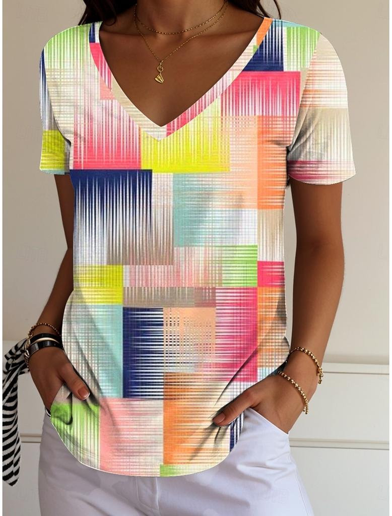 Women's T-Shirt Blouse Graphic Bohemia Vintage Western Short Sleeved V-Neck Regular Tops Daily Print Tee Apricot Summer Spring