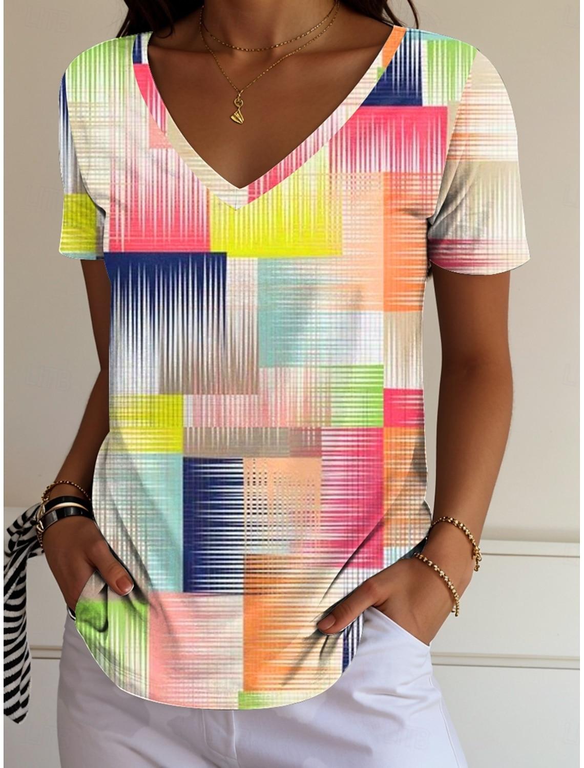 

Summer Colorful Block Splicing 3D Print T-shirt Women Streetwear T Shirts Tops Woman Harajuku V-Neck Tees Clothing XL