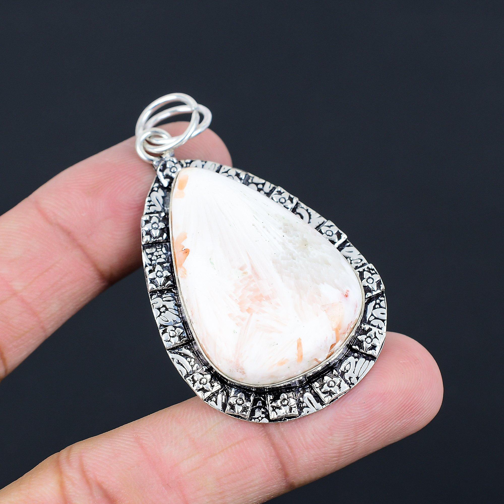 Daughters Day Sale 925 Sterling Silver Natural Scolecite Handmade Bezel Pendant