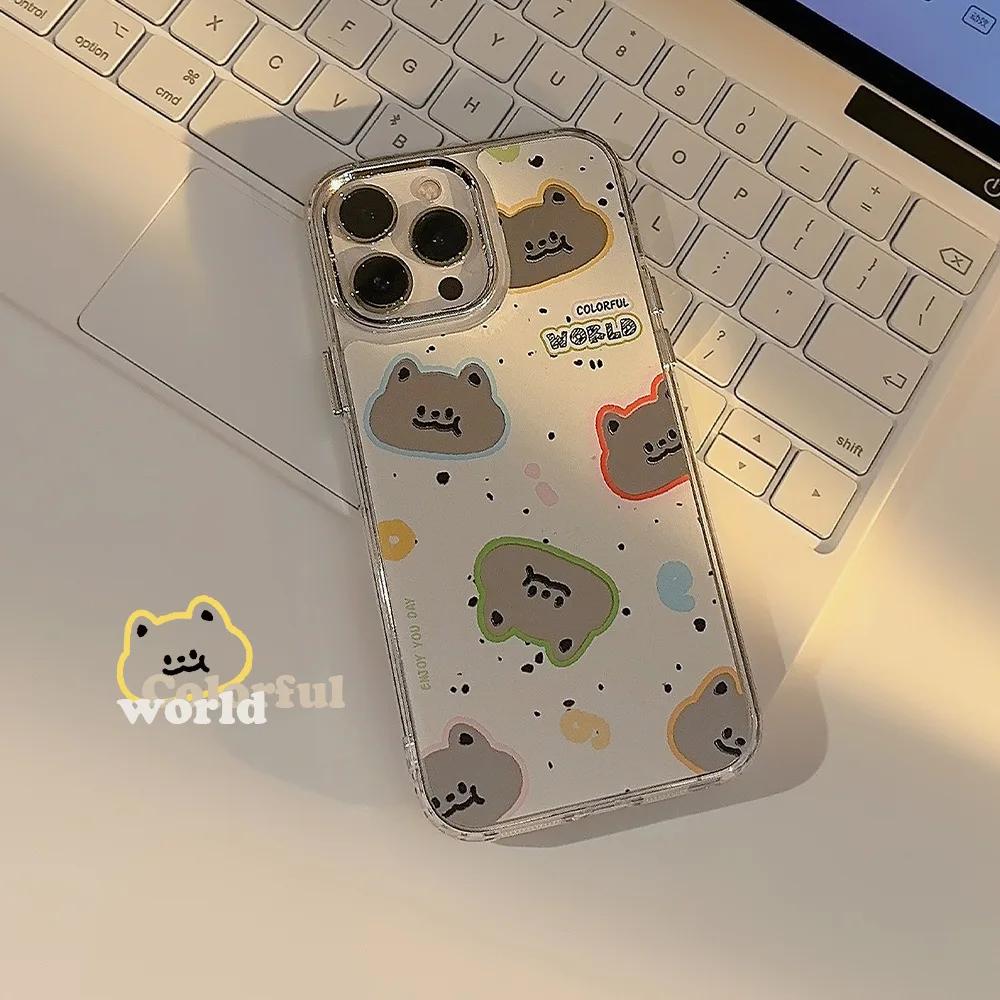 Cute Cartoon Series Makeup Mirrors Phone Case For iPhone 17 17E 16E 16 15 14 13 Pro Max 12 11 Dustproof Protective Cover Fundas