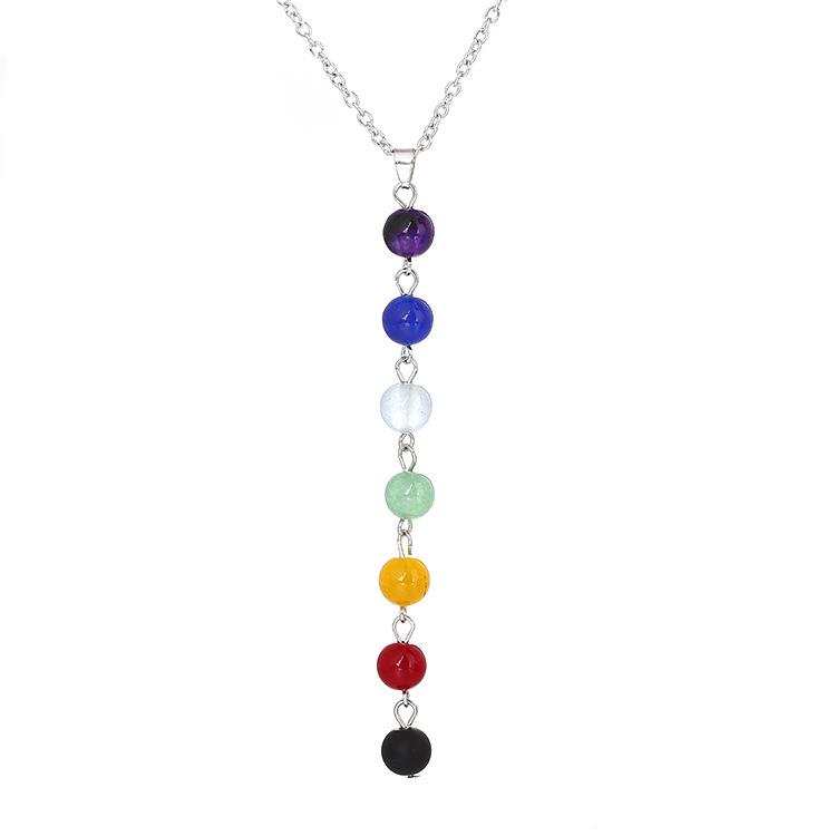 Seven-Color Stone Bead Pendant Yoga Mala Necklace with Charm
