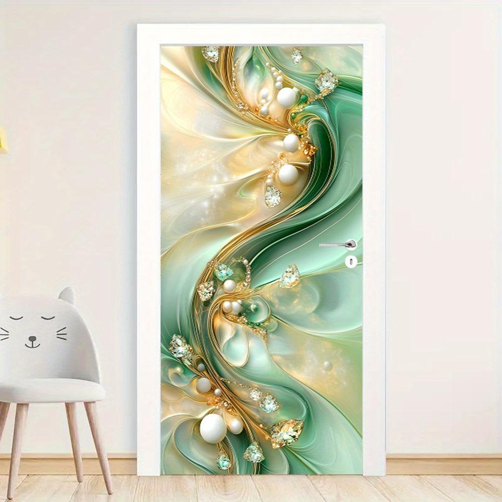 Moderne Geometrische Türsticker - Selbstklebende und abnehmbare Türsticker, grüne seidige Wellenlinien mit einem Schmuckmuster