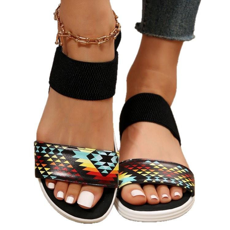 Large size sandals women's 2025 summer flat bottom slope heel thick bottom fish mouth elastic word with Roman sandals