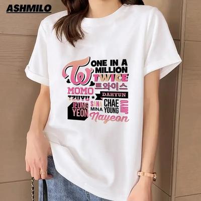 Koszulka TWICE Damska Kpop Lato Krótki Rękaw T-shirt Moda Koreańska Estetyka Harajuku Kreskówka Nadruk Literowy Streetwear Koszulka Y2k