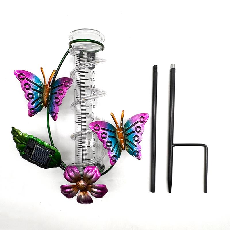 

1pcs Solar-Powered Iron Art Rain Gauge Handicraft Metal Butterfly Glass Design for Outdoor Courtyards & Gardens