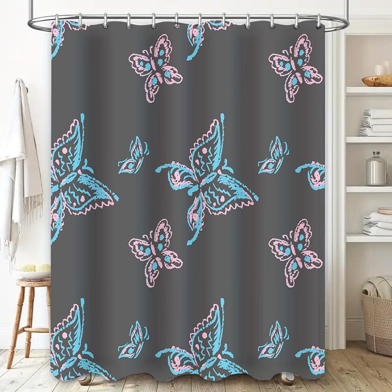 Decorative Shower Curtain With Chalk Butterfly Pattern For Bathrooms Polyester Fabric, Water-Resistant, Non-Slip Blackout Shower