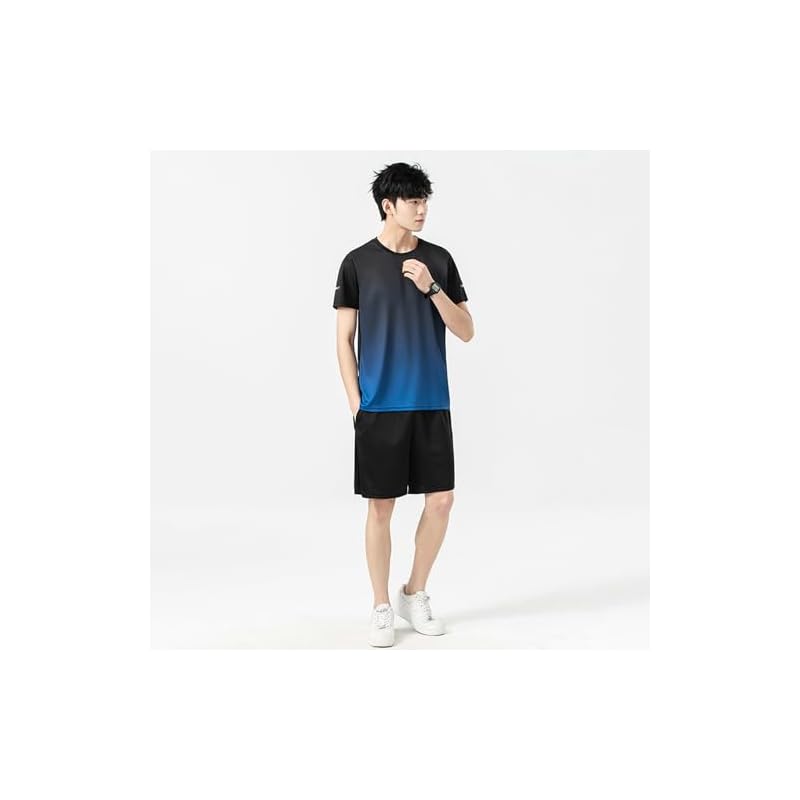 [ODONATE] Men's Sportswear Short-Sleeve Tracksuit Set (Top and Bottom) - Breathable, Odor-Resistant, Sweat-Wicking, Quick-Drying Shorts - Running