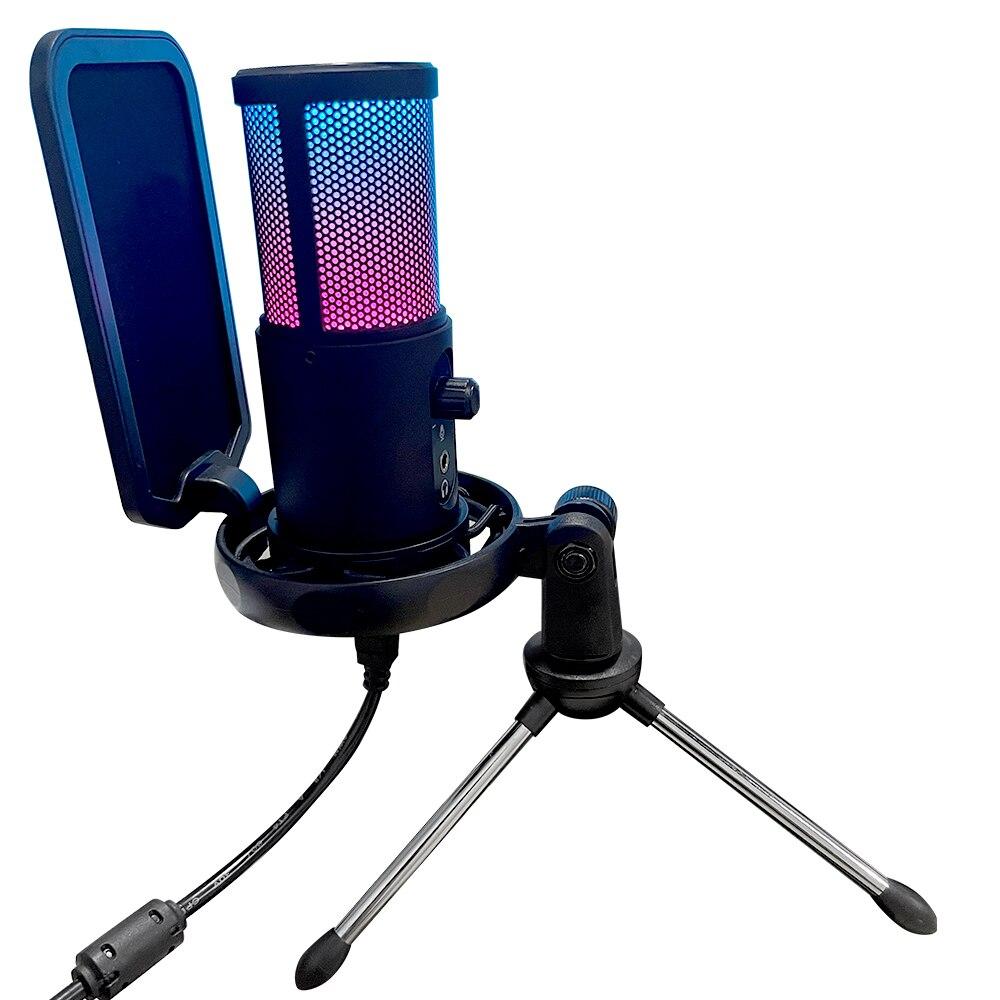 

USB-микрофон Настольный Проводной Конденсаторный Подкаст RGB Освещение Игры Для ПК Ноутбук Телефон Стриминг Геймер TikTok YouTube Запись чёрный