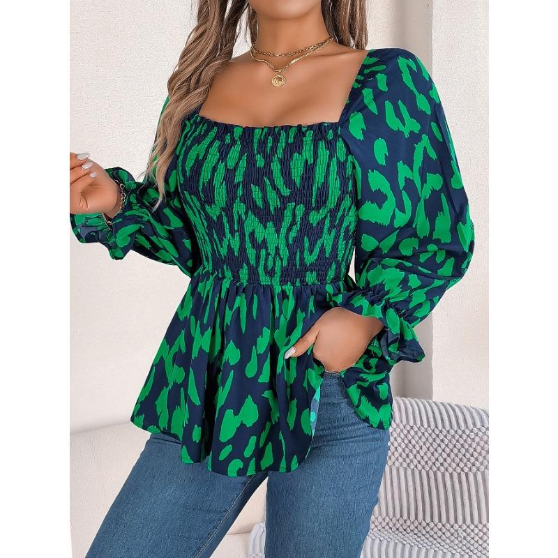 Women's Autumn and Winter Casual Wooden Ear Edge Square Collar Leopard Print Long Sleeve Top