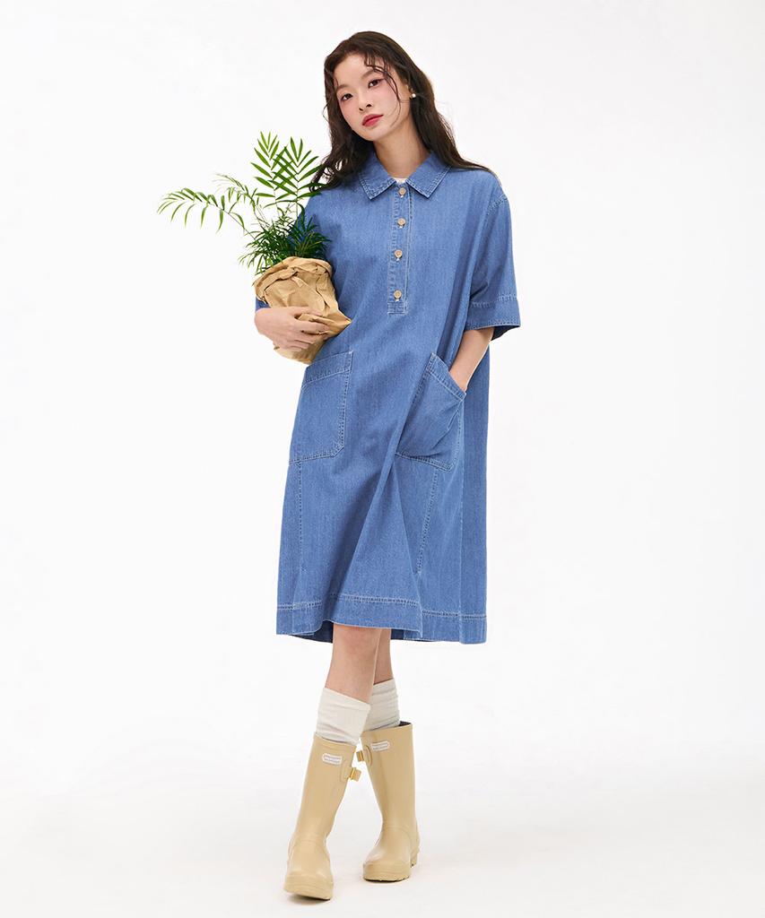 CHASECULT Women'S Denim Shirt Collar Dress - Sky Blue