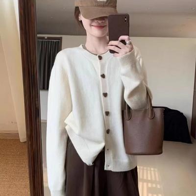 Lazy Wind Knitted Sweater Women's Spring and Autumn New Loose Design Sense Love Buckle Outer Long-sleeved Sweater Cardigan Women