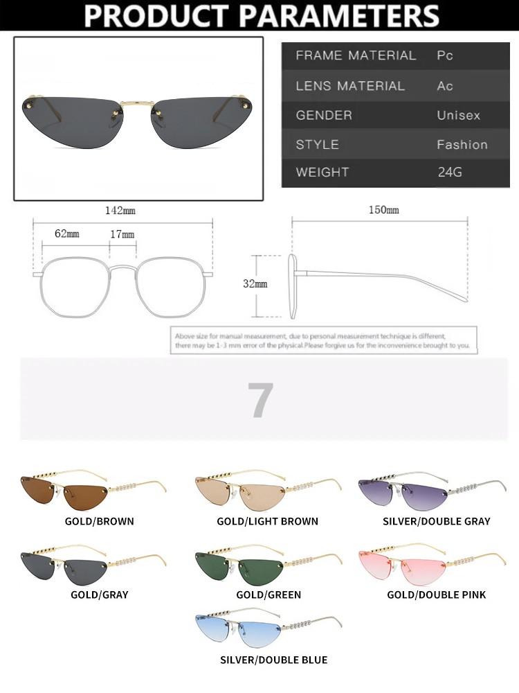 Luxury Designer Style Style Rimless Pearl Sun Glasses Glasses Ladies Fashionable Cat Eye Durable Metal Metal Frameless Sunglasses Latest Arrival