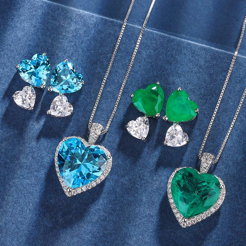 Jewelry Copper Bottom Gold-Plated Simulation Color Treasure Heart-Shaped Pendant Earrings Versatile Set Women 15 * 15-9 * 9