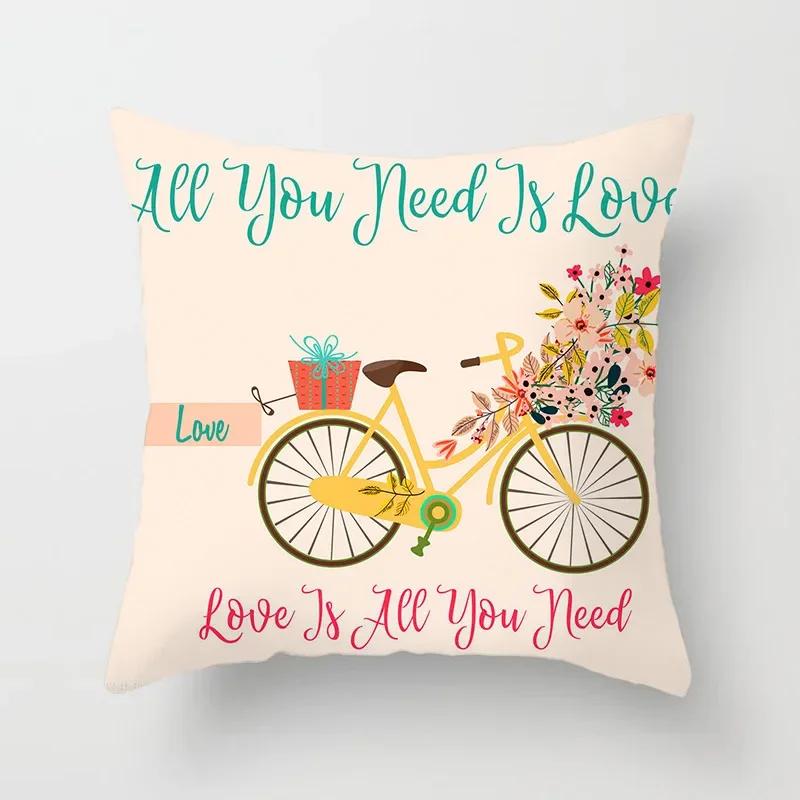 Kissenbezug für Wohnzimmer und Schlafzimmer, Polyester-Kissenbezug mit Blumen- und Fahrradmuster, Kissenbezug, Funda de Almohada