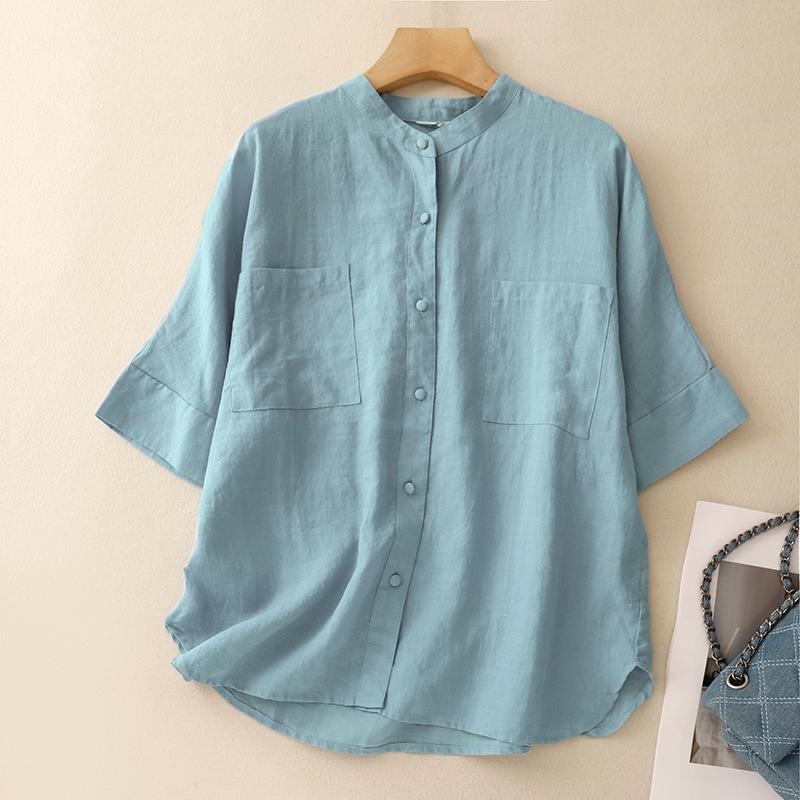 Sommer-Shirt aus Baumwolle und Leinen in Übergröße mit künstlerischem, lockerem Kragen für Damen