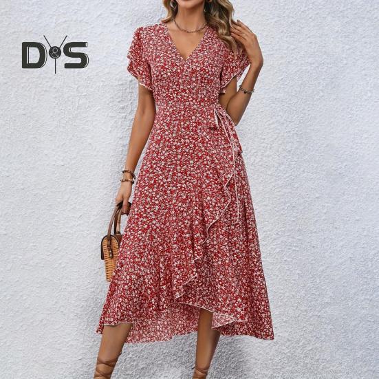 Summer Floral Maxi Dress for Women V Neck Short Sleeve Ruffle Hem Wrap Dress Boho Casual Split Flowy Beach Long Dress