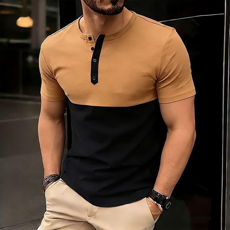 

Men s Summer Patchwork T-Shirts Button Henry Collar Casual Contrast Color Short Sleeve Top Tees Daily Office Hip Hop Streetwears L хаки