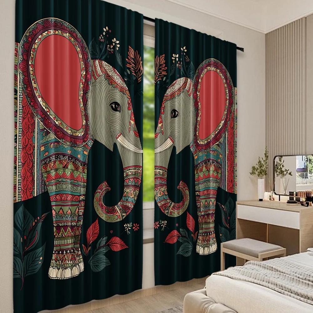 Set Of 2 Flat Printing Window Curtains Ative Twin Elephants Digital Printed Polyester Drapes Festive Wall Decor New Year Curtain Made