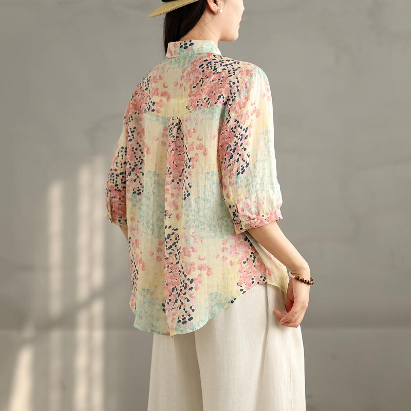 Dimanaf 2025 Women Summer Shirts Plus Size Buttons Cardigan Linen Printing Loose New Tops Tees