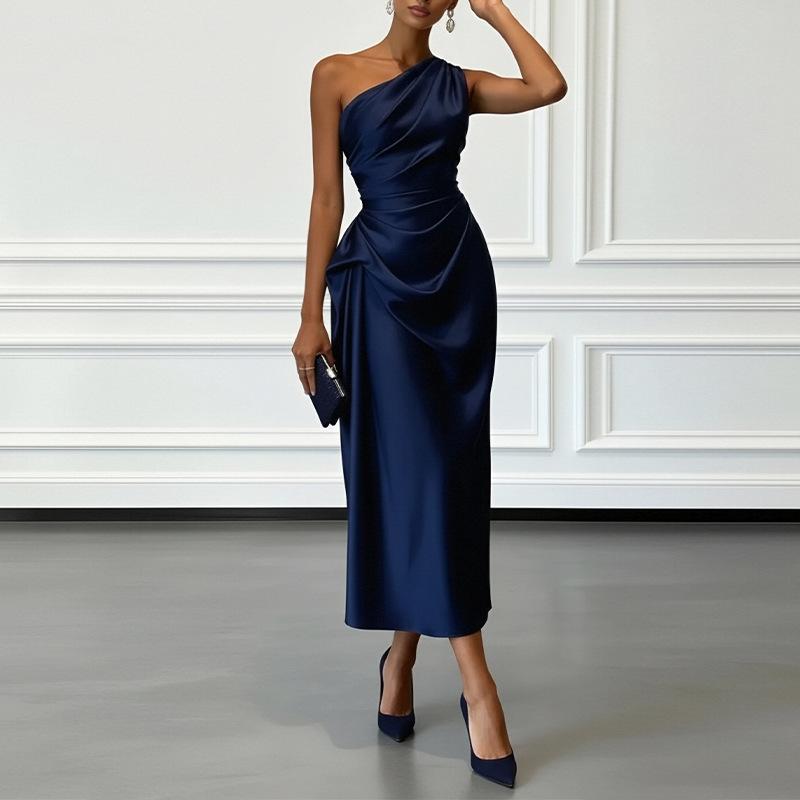 Elegant Women Solid Satin Slanted Neck Midi Dress Summer Sexy One Shoulder Sleeveless Ruched Slim Evening Party Long Dresses