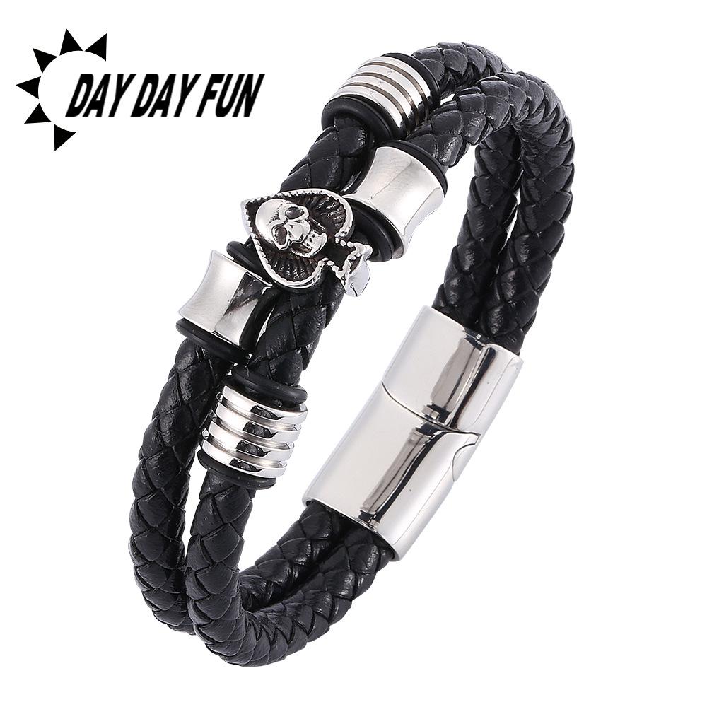 European & American Men's Woven Leather & Stainless Steel Bracelet