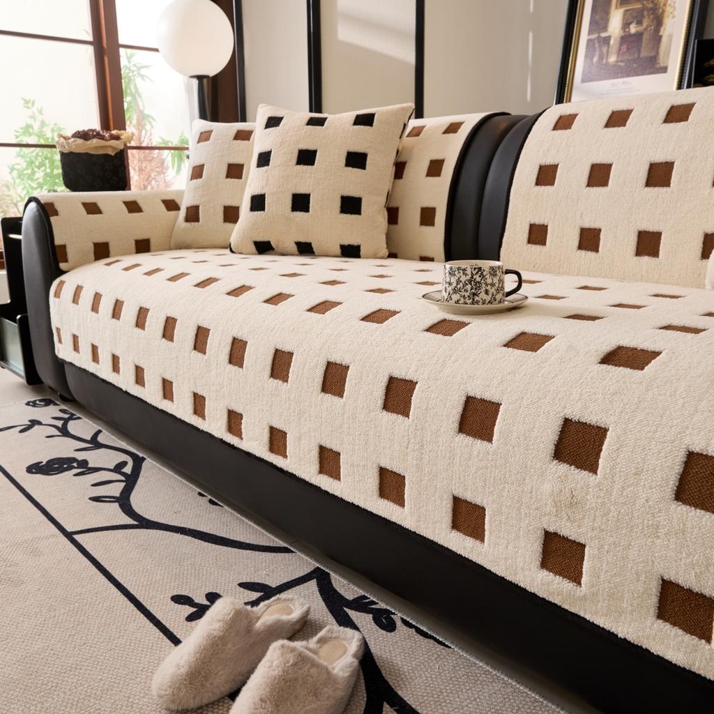 Warm Cube Jacquard Tuffed Fleece Anti-Slip Sofa Cover for Living Room Couch Seat Cover, Universal Sofa Slipcover Furniture Towel