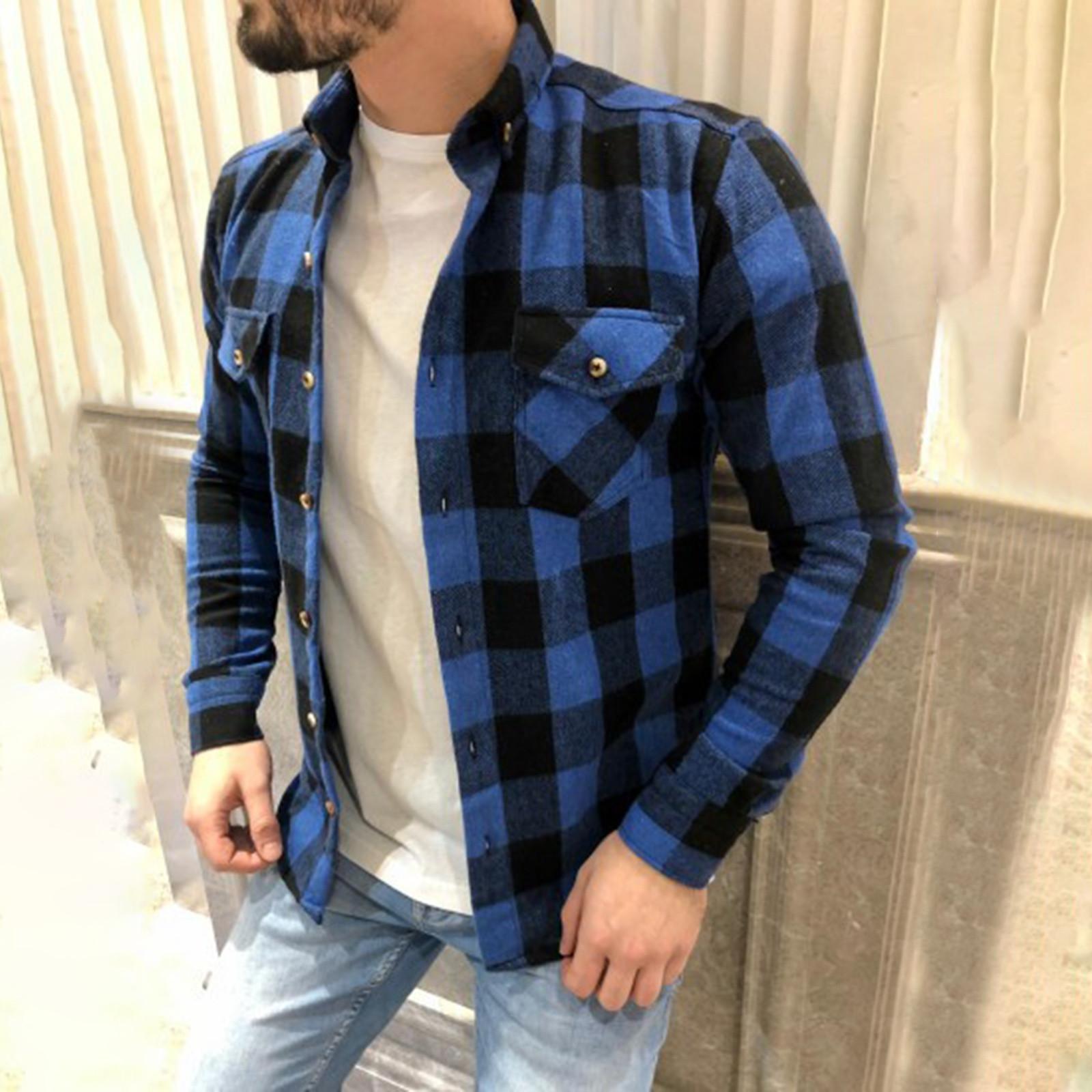 Men s Casual Fashion Plaid Printing Loose Hoodie Long Sleeve Shirt Top Blouse L