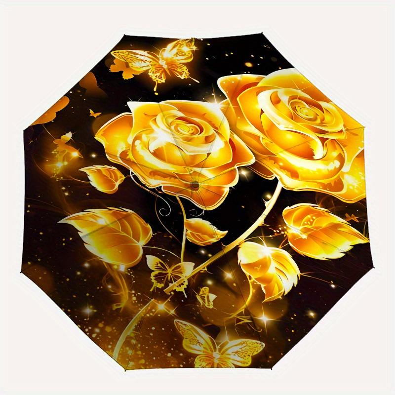 Golden Roses Butterflies Theme 8 Bone Hand Automatic Folding Umbrella, Compact and Portable Design, A Perfect Gift for Birthday, Christmas O