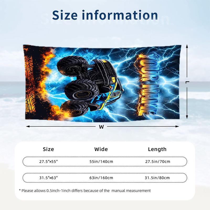 Monster Truck Theme Beach Towel Personalized Custom Name & Text Soft Quick Dry Beach Towel for Swimming Travel