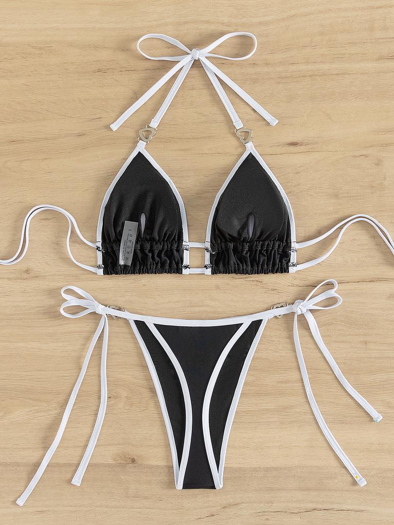 Color Block Tie Thong Sexy Two Piece Bikini Set Elegant Comfortable Swimwear