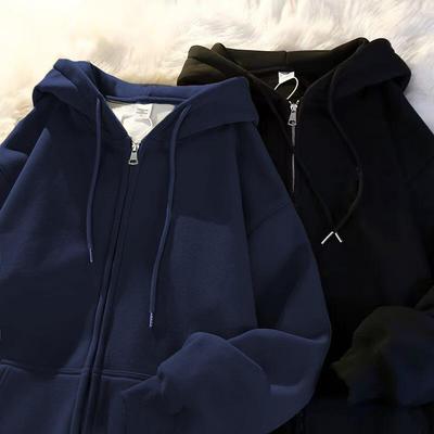 Ladies Spring and Autumn Oversize Hoodie Jacket Zipper Cardigan Jacket Lazy Style Solid Color Jacket