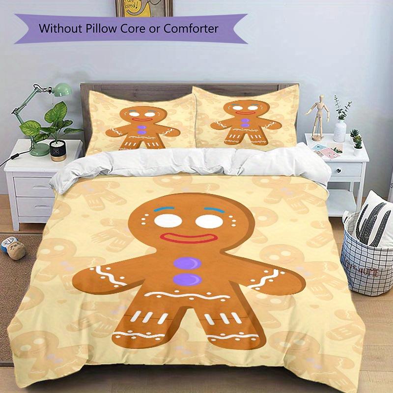 3Pcs Gingerbread Man Printed Bedding Set, Breathable And Soft, Machine Washable, Christmas Gift, Suitable for Bedroom Decoration, 15195