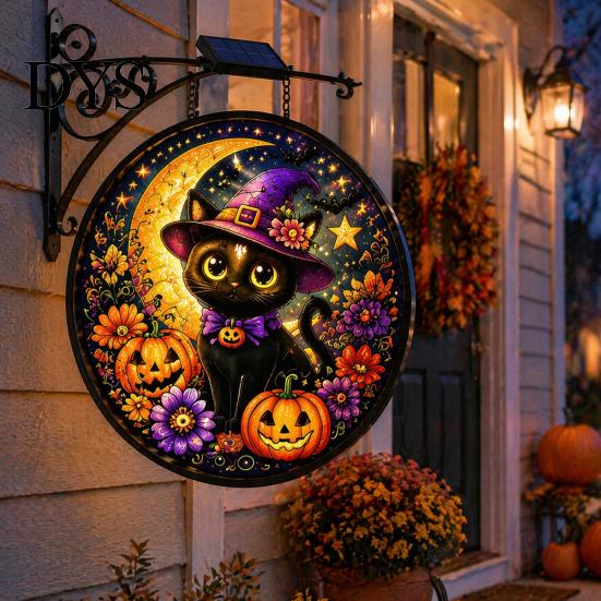 Entryway Holiday Decor Solar Halloween LED Hanging Sign Light, Outdoor Waterproof Lighted Handcrafted Resin Signs for Porch Yard Garden Halloweens