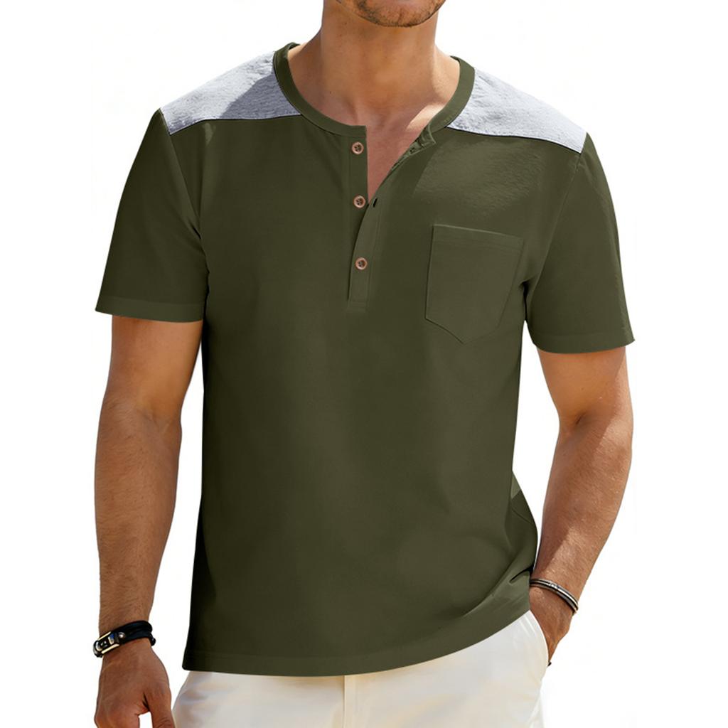Men's Round Neck Single Breasted Casual Sportswear With Pockets And Contrasting Colors Short Sleeved