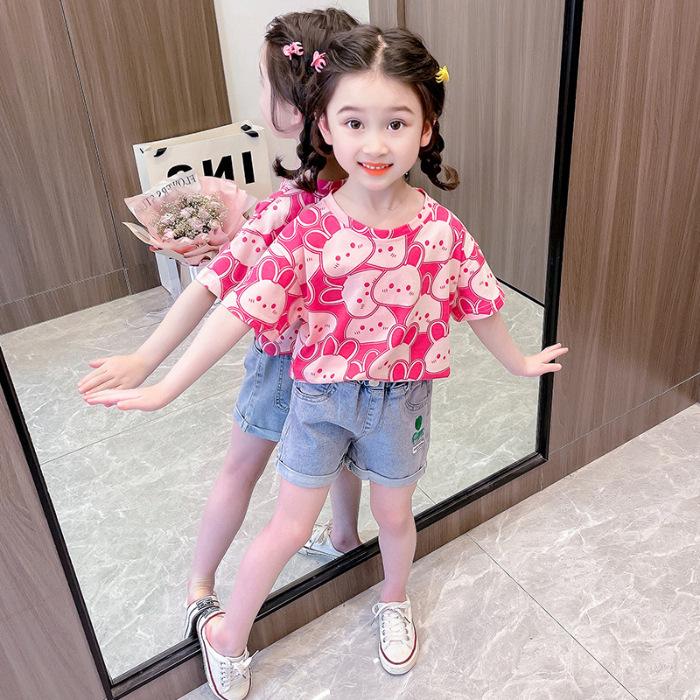 Summer Girls Cute Cartoon Rabbit Print Round Neck Short Sleeve T Shirt 110