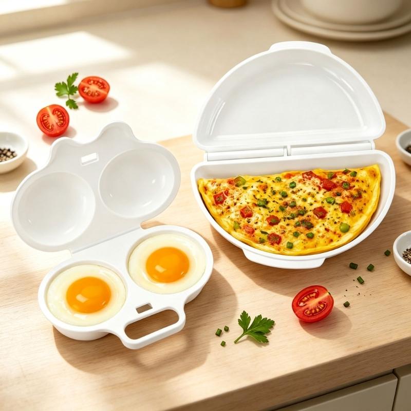 Microwave Eggs Cooker Set with Two-Well Poaching Tray, Lidded Eggs Maker, and Polypropylene Molded Construction for Eggs Dishes